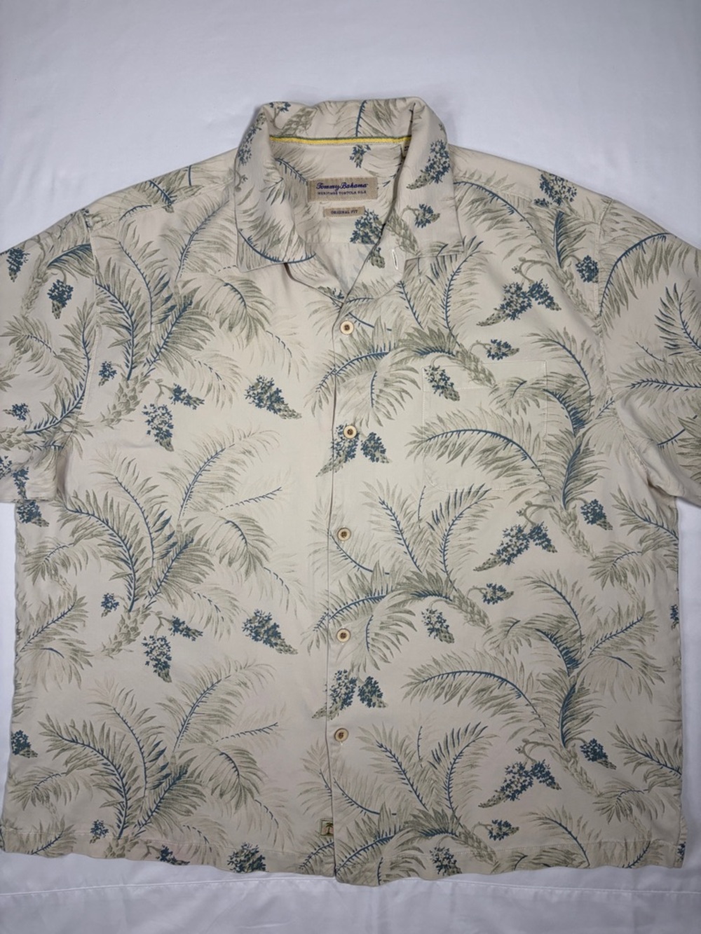 Tommy Bahama Silk Shirt Men XXL Cream Short-Sleeve Palm Print Camp Shirt Luxury